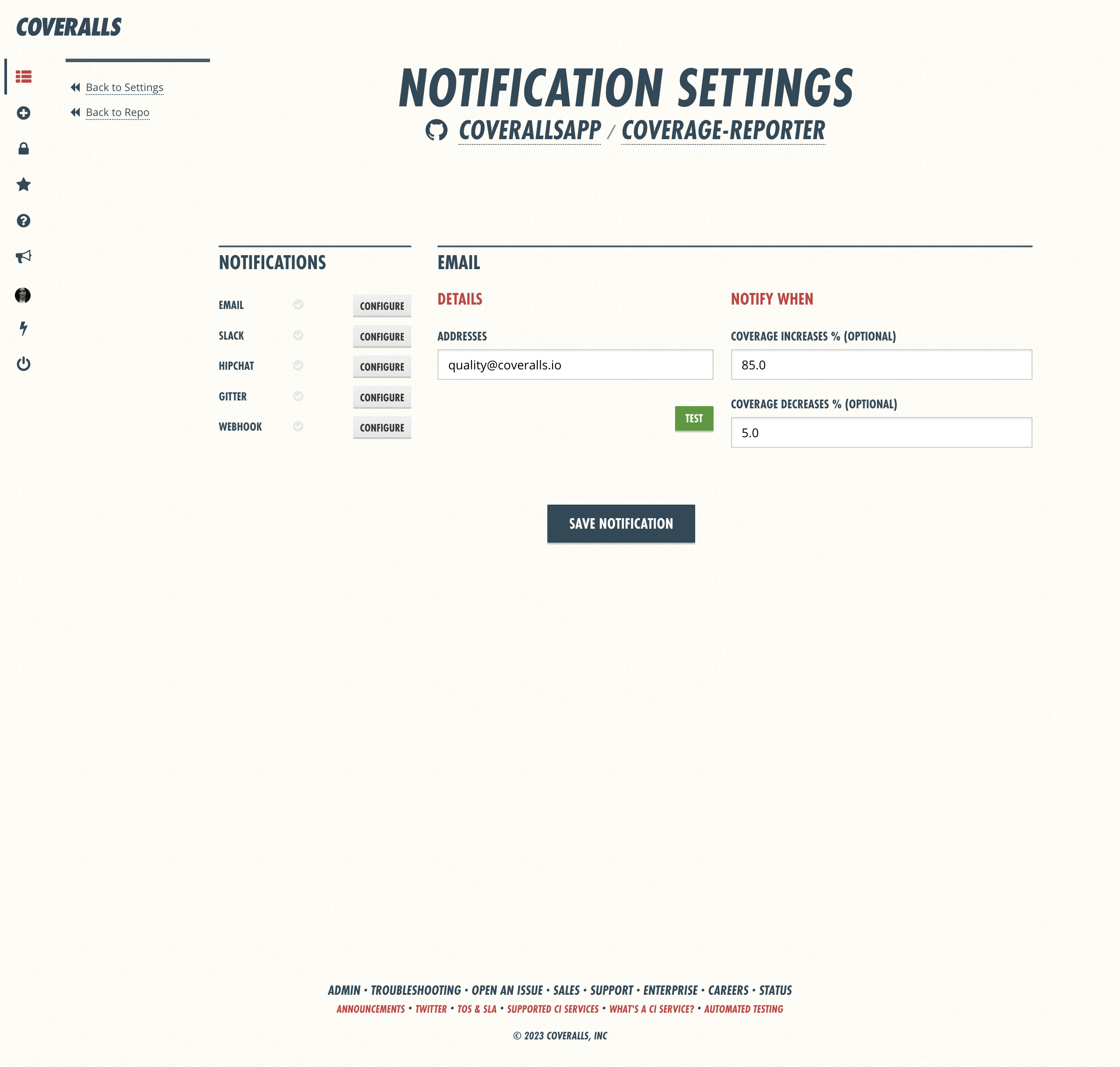 Coveralls Notifications Page