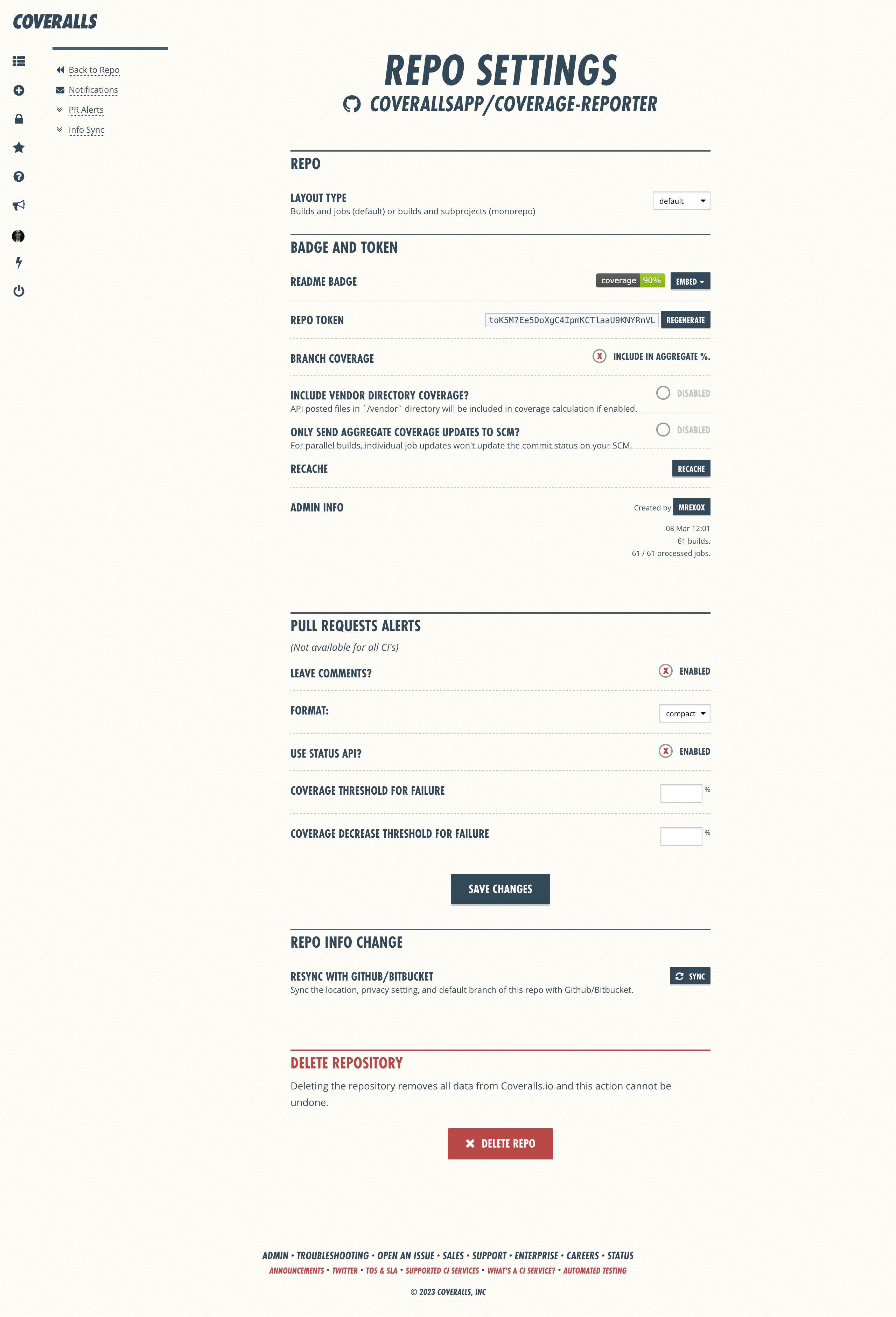 Coveralls Repo Settings Page