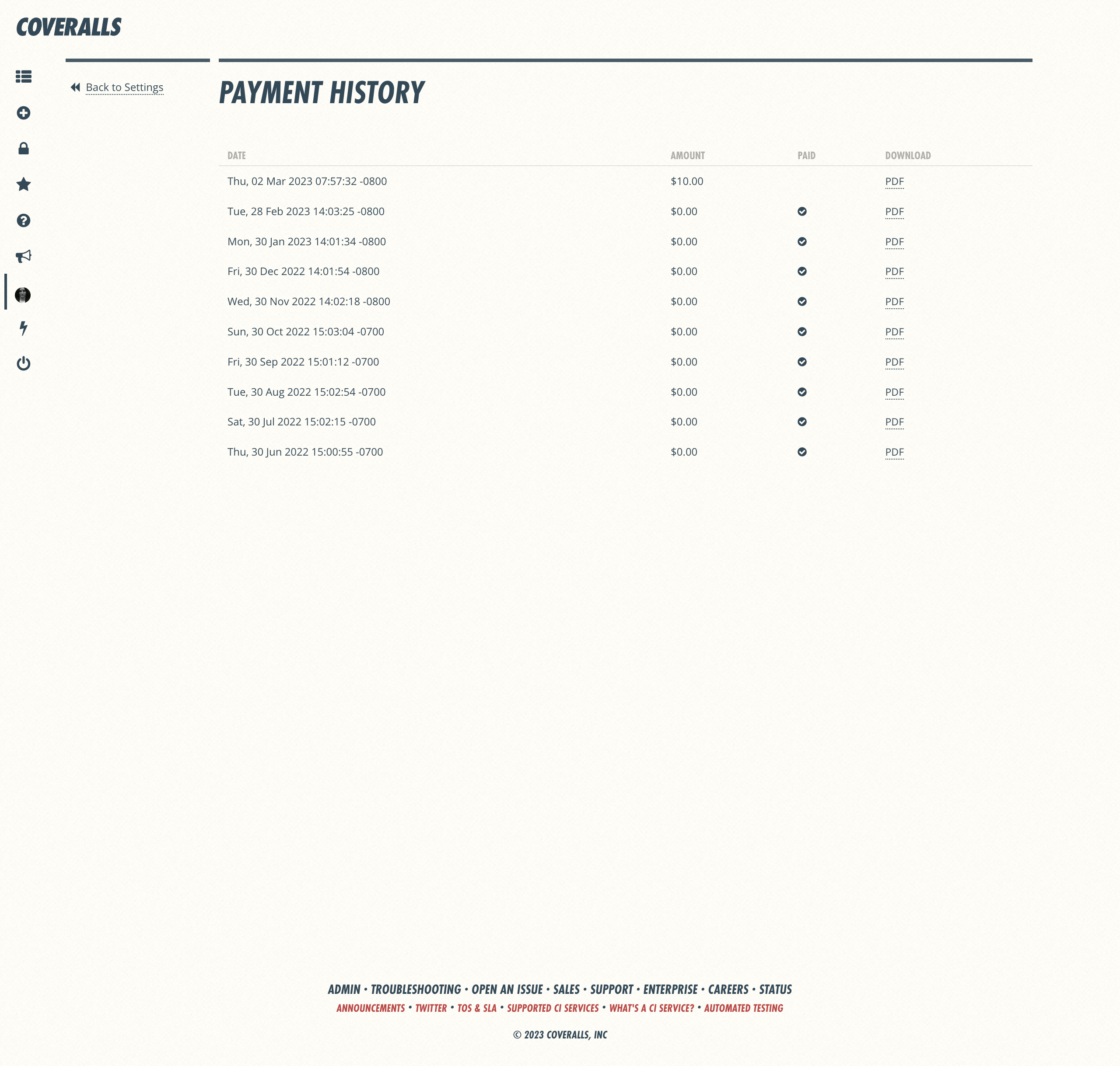 Coveralls Subscription Invoices Page